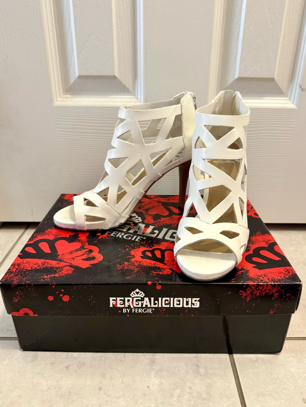 Fergalicious White Geometric Cutout High Heel Sandals
